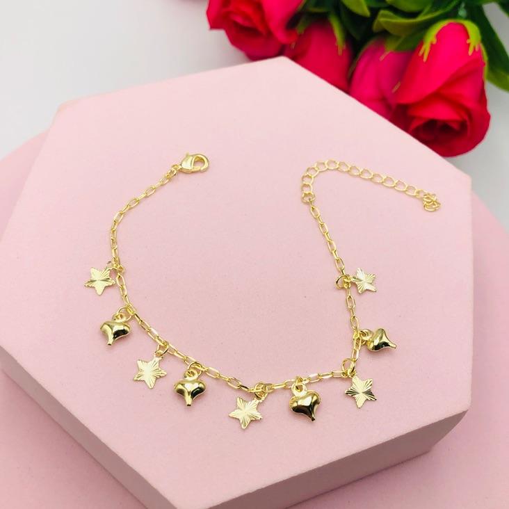 Pulseira Pingentes Coração e Estrelas