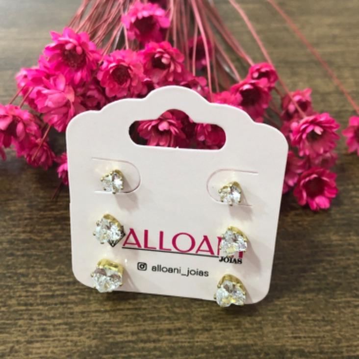 Trio Brinco Coração Zirconia Cristal