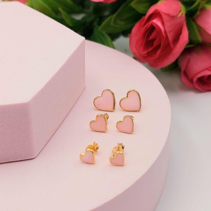 Trio de Brincos de Coração Resinado Rosa