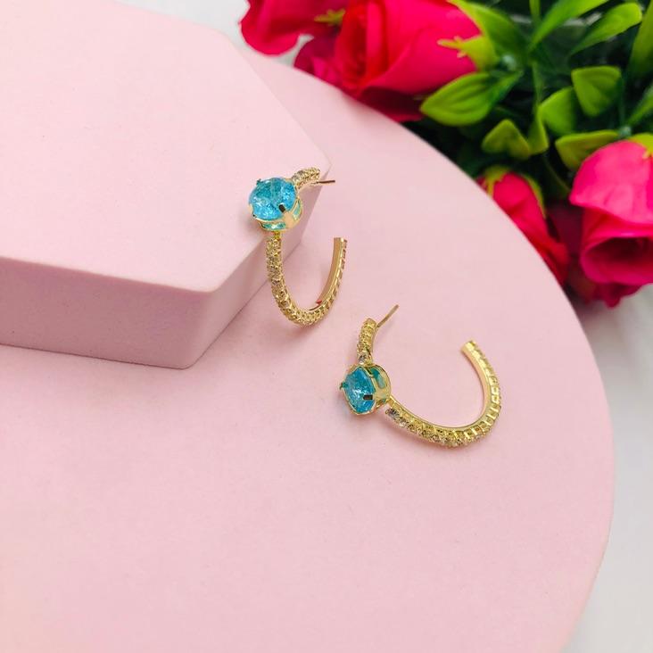 Brinco Argola Zirconias Cristal com Pedra Azul