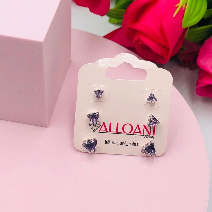 Brinco Trio Triângulo Zirconia Roxa