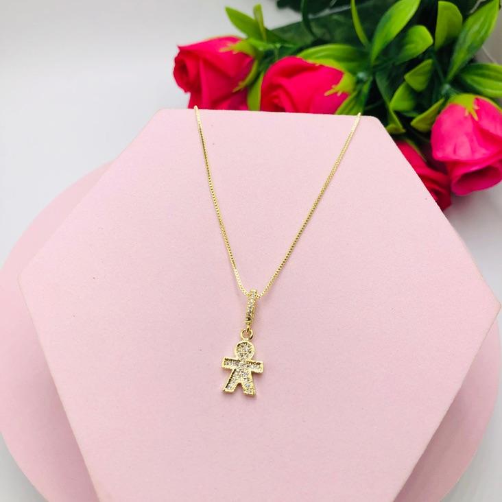 Colar Corrente Veneziana com Pingente Menino Cravejado