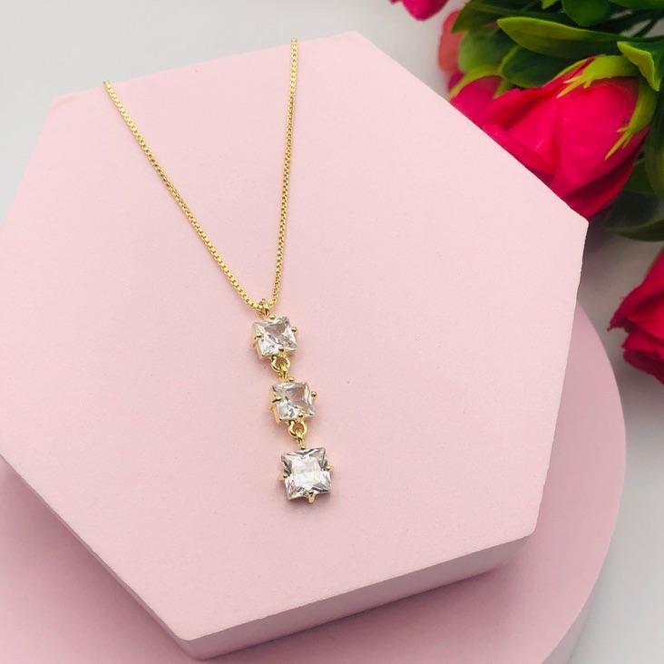 Colar Corrente Veneziana com Três Quadradinho de Zirconias