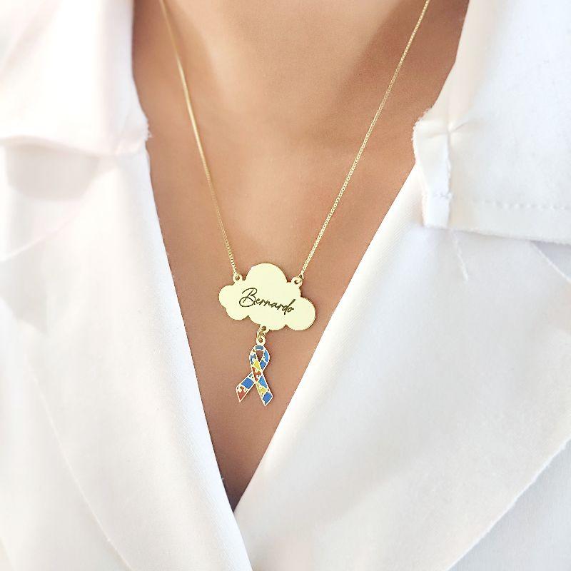 Colar Nuvem Personalizado Autismo com Nome Banhado Em Ouro 18k