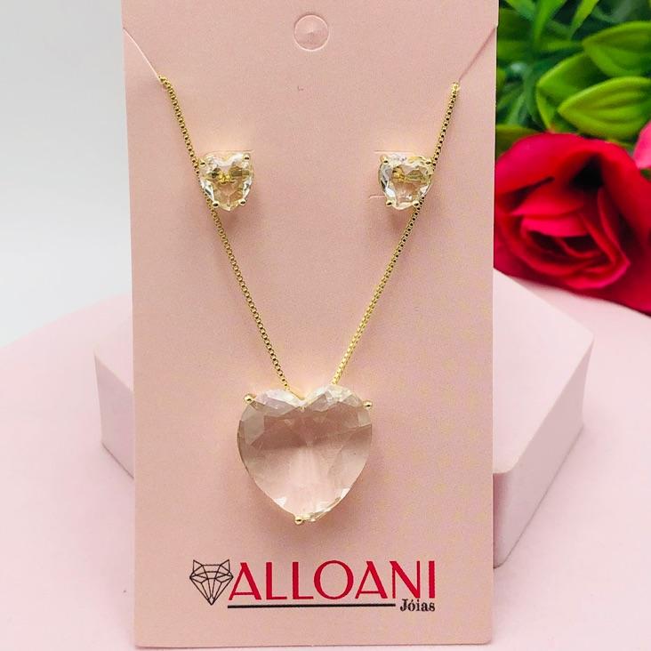 Conjunto Coração Cristal Zirconia Branca