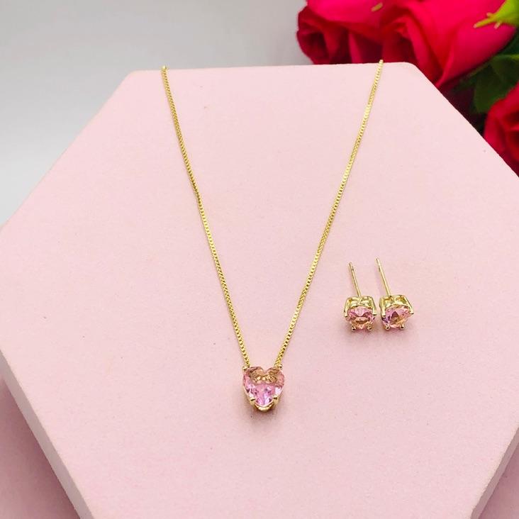 Conjunto Coração Zirconia Rosa