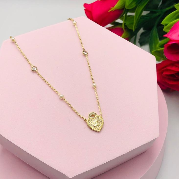 Corrente Cadeadinho com Pingente Coração Cravejado