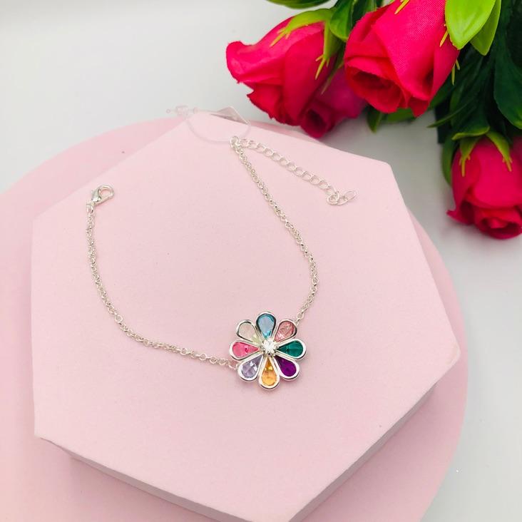 Pulseira Elo português com Flor Colorida
