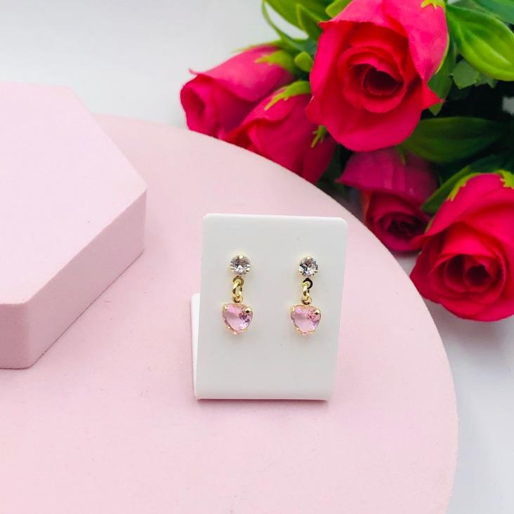 Brinco Ponto de Luz com Coração Rosa
