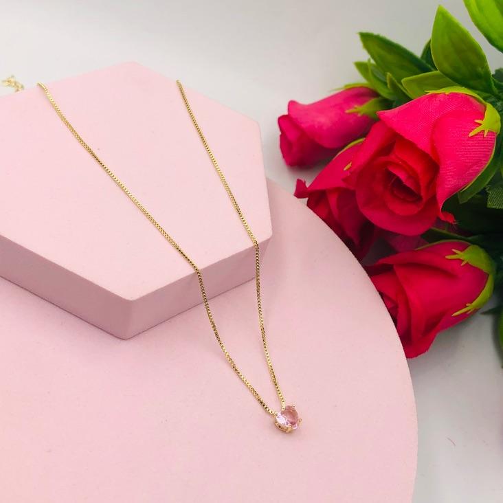 Colar Corrente Veneziana Pingente Coração Rosa